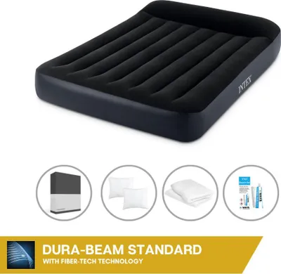 Zdjęcie produktu dla Łóżko dmuchane Intex - 2 osoby - 137 x 191 x 25 cm - Czarne - Z wbudowaną pompką + prześcieradło czarne + poduszka + poszewki Molton 2 w 1 + zestaw naprawczy