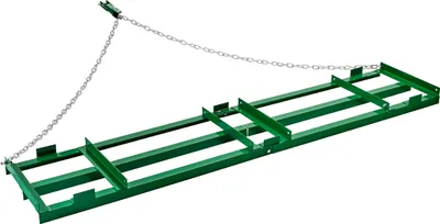 A green metal landscape rake with a chain attachment is shown against a white background.
