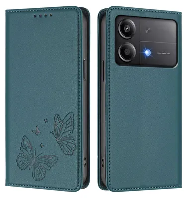 Produktbild von Lederhülle für Xiaomi Poco X6 Neo, Schmetterling Prägung Leder Brieftasche Schutzhülle mit Ständer Grün