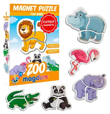 Imagen del producto de Imanes decorativos para niños – 6 rompecabezas magnéticos con temática de animales del zoológico, 18 piezas – Juguete educativo