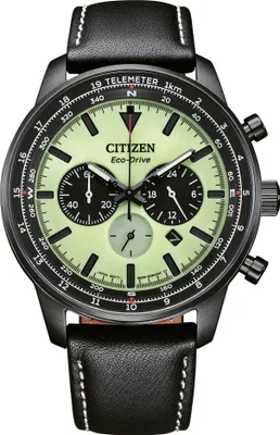 A close-up studio shot of a Citizen Eco-Drive chronograph watch.