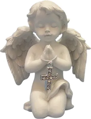 A white angel figurine kneeling and praying with a cross pendant.