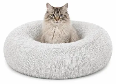 Produktbild von lionto Donut Katzenkissen, rundes Bett mit Plüschbezug & Anti-Rutsch-Boden, erhöhter Rand für Geborgenheit, 50 cm Durchmesser, hellgrau