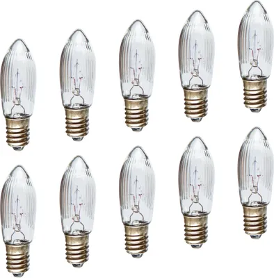 A collection of clear glass light bulbs with silver bases, arranged in two rows on a white background.