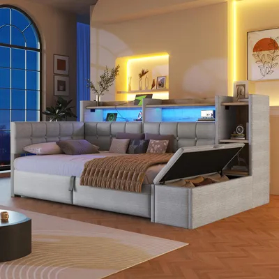 Produktbild von Merax Tagesbett Daybett 90x200cm, Schlafsofa mit 2 Schubladen, USB & Typ-C, Regal mit LED, Stauraumbank, Polsterbett, Kinderbett, Samt, Grau