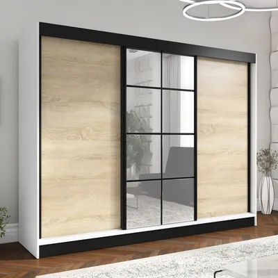 Produktbild von ORAVELLE 200 cm Weiß / Sonoma 2, 3-türiger Kleiderschrank mit Spiegel, 4 Schubladen und Kleiderstangen – Funktionalität und Eleganz!