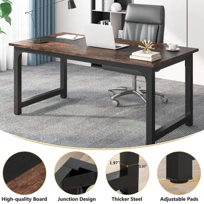 Image de Grand bureau d'ordinateur 160 x 80 cm - Bureau rectangulaire - Structure métallique robuste - Plateau en bois - Espace de travail pour le télétravail - Marron vintage
