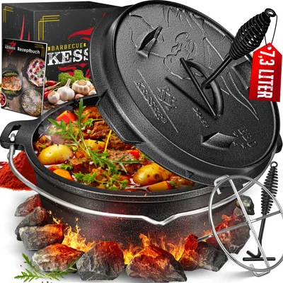 Immagine prodotto di Set KESSER® Dutch Oven: pentola da barbecue, pentola per stufati, pentola in ghisa con maniglia per sollevare il coperchio e fessura per termometro, pentola da cucina, pentola da griglia, pentola per gulasch, per uso esterno e interno