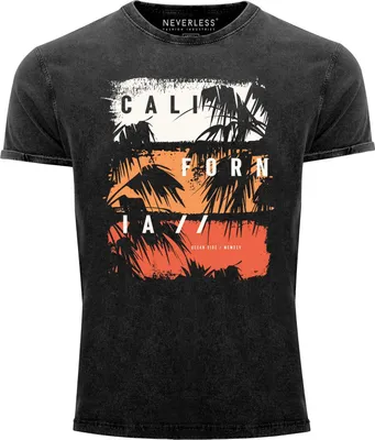 Produktbild von Herren Vintage Shirt California Schriftzug Palmen Printshirt T-Shirt Aufdruck Used Look Slim Fit Neverless® schwarz XXL