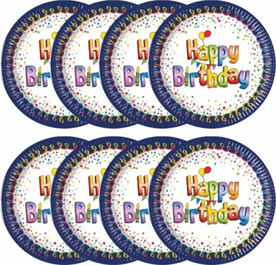Image de Assiette en carton 23 cmMix, lot de 8, multicolore « Anniversaire », multicolore « Joyeux anniversaire », Procos