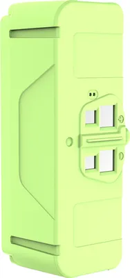 A light green battery pack for a robot vacuum cleaner, shown from a side angle.