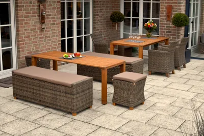 Produktbild von Merxx Gartenmöbelset "Toskana" 9tlg. mit Flex Ausziehtisch 185/370 x 90 cm, inkl. Kissen - Aluminiumgestell mit Kunststoffgeflecht Natur und Akazienholz
