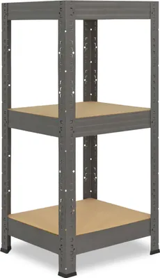 A gray metal shelving unit with three wooden shelves against a white background.