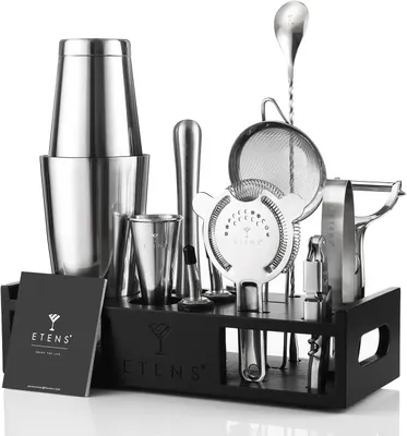 Produktbild von Cocktail-Set – Getränkemischer – Barzubehör – Dieses 15-teilige Mixology-Set für Barkeeper enthält einen Boston-Shaker, einen japanischen Messbecher, einen Sieb und einen Flaschenöffner