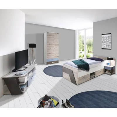 Produktbild von Jugendzimmer Set mit Bett 90x200 cm mit Kleiderschrank LEEDS-10 in Sandeiche Nb. mit weiß, Lava und Denim Blau