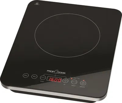 A black induction hob with a digital display and control buttons.