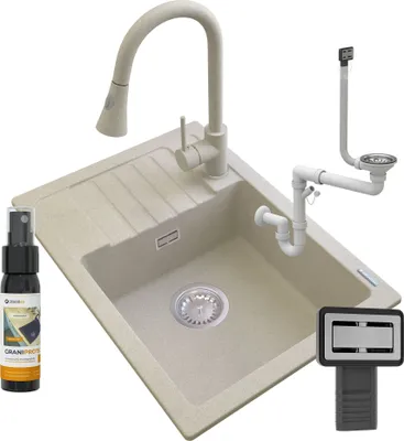 Produktbild von Granitan | Spülbecken Granit - Beige - 62x44x17,5 cm - ARGOS + Siphon + Küchenarmatur SNAKE + Impregnat