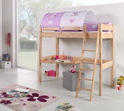 Produktbild von Relita Hochbett RENATE Buche massiv natur lackiert, mit Schreibtisch und Tunnel purple/weiß/herz