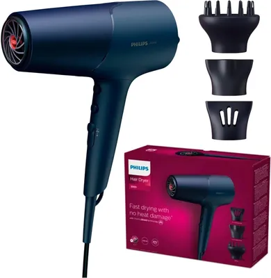 A dark blue Philips hair dryer with three attachments and its packaging are displayed against a white background.