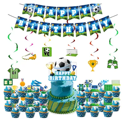 Produktbild von Fußball-Geburtstagsdeko-Set mit Tellern, Servietten, Bechern, Luftballons, Wimpelkette, Tischdecke – für drinnen und draußen