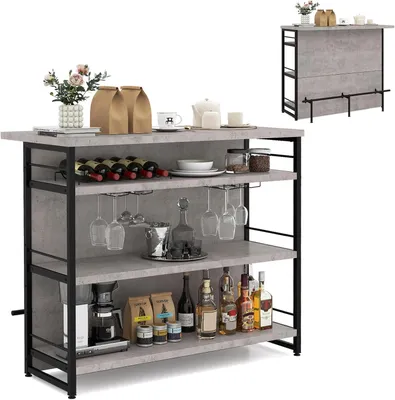 Imagen del producto de COSTWAY, armario bar, mueble bar con 4 estantes, estantería de cocina con espacio para vinos, soporte para vasos y reposapiés, mueble bar independiente, barra de cocina, mesa de bar, color gris