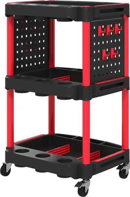 Produktbild von Werkzeugwagen, dreistufige Regale, 4 Räder, Kunststoff, 10 Haken, Rot