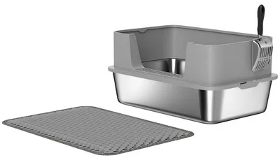 Produktbild von Katzentoilette Edelstahl Offene Katzenklo mit Schaufel hohem Rand Matte für Katzen bis 7 kg 60,2 x 40,2 x 29,5 cm, Grau