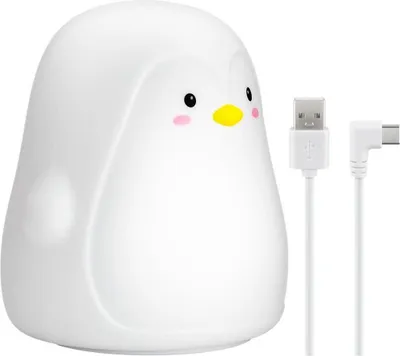 A white penguin-shaped LED night light with two white USB cables next to it.