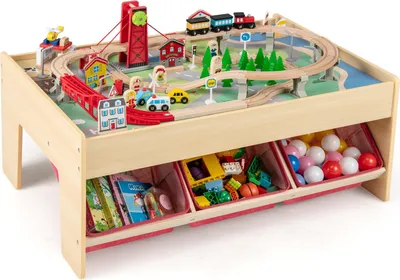Produktbild von GOPLUS 94 Spielzeugteile Kleinkind Eisenbahn Set, Kinderspielset mit 3 faltbaren Boxen, Autos etc., Kinderaktivitätstisch für Kinder ab 3 Jahren
