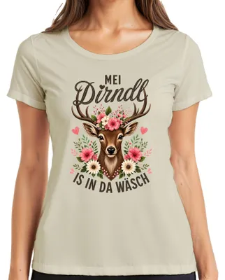 Productafbeelding van Mei Dirndl, wasbordjurk met hertjesmotief, bloemenprint, lederen broek, Alpenstijl, dames T-shirt, natuurlijke kleur, maat XXL