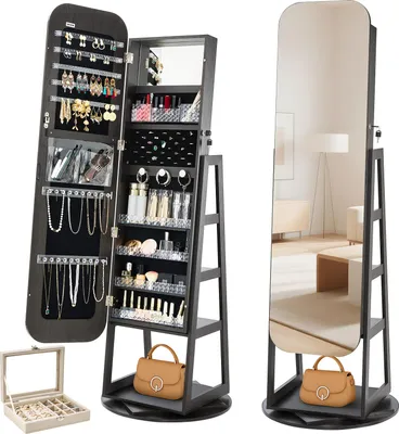 Image de VEVOR Armoire à bijoux pivotante à 360° (1,6 m de haut) avec miroir intégral avec espace de rangement, organisateur d'armoire à bijoux avec 2 clés & poches pour accessoires & compartiments de rangement, rangement de bijoux