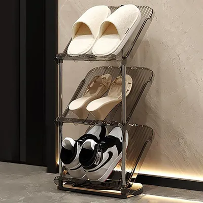 Image de Étagère à chaussures, 3 niveaux, gain de place, transparente, grise, 28x21x72 cm