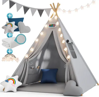 Produktbild von Spielwerk® Namiot Tipi dla dzieci kryty 130x130cm zestaw z matą podłogową szaro-niebieski namiot dla dzieci bajkowe lampki girlanda poduszki namiot do zabawy bawełniany drewniany worek