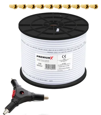 Produktbild von PremiumX 100m BASIC Koaxialkabel 135dB 4-fach SAT Abisolierer 10x F-Stecker