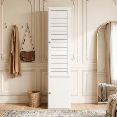 Productafbeelding van Hoge kast met opbergvakken en deuren, garderobe met kledingroede, kledingkast met opbergruimte, 45 x 50 x 200 cm, wit, spaanplaat, AI-gegenereerde afbeelding