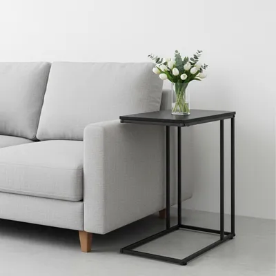 Image de Table d'appoint en forme de C, plateau imitation bois, structure en métal