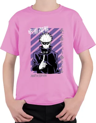 Produktbild von Jujutsu Kaisen Gojo Satoru Anime Manga lila Streifen Fan Vintage Uni Kinder T-Shirt, Pink, 116