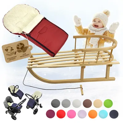 Produktbild von BAMBINIWELT HOLZSCHLITTEN mit Rückenlehne (90cm) + WINTERFUßSACK (90cm) Kinderwagen WOLLE bordeaux