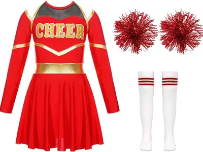 Produktbild von Strahlende Cheerleaderin: Komplettset für Mädchen in Größe 164 Cm - Langarm-Crop-Top, Rock, Pompoms & Socken für Halloween, Karneval, Fasching & Sport