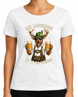 Zdjęcie produktu dla Mei Lederhosn to koszulka tradycyjna "Hirsch" z motywem lederhosen i dirndl, damska, biała, rozmiar L