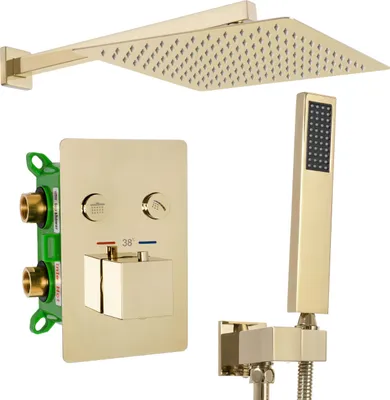 A gold-colored shower set including a rain shower head, a wall-mounted control panel with knobs and a temperature display, and a handheld shower head with a hose and bracket.