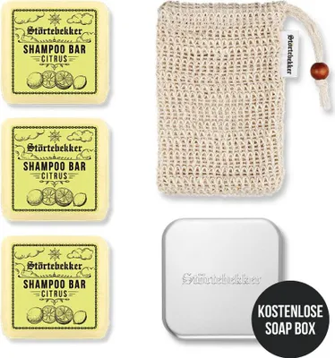Produktbild von Störtebekker® Duschset - 3 x festes Shampoo (Citrus), Sisalsäckchen und GRATIS Seifendose - für die tägliche Pflege - Haar, Körper & Gesicht