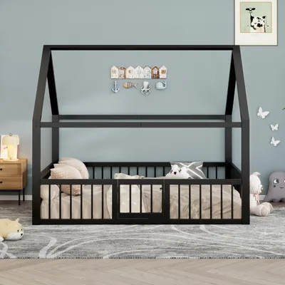 Produktbild von Flachbett, Metallbett, 140 x 200 cm, Metallbettgestell, Eisenbett, Kinderbett, Ohne Matratze, Haus Zierleisten, Brüstung, Schwarz