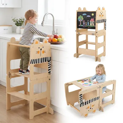 Produktbild von COSTWAY 3 in 1 Lernturm, 50 kg belastbar, Tritthocker mit Tafel in Katzenform, Tritthschemel Montessori, Küchenhelfer für Kinder ab 18 Monaten, Natur