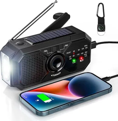 Obrázok produktu pre Solárne rádio s funkciou SOS alarmu, AM/FM, 2500 mAh powerbankou a kompasom, prenosné, solárna energia, funkcia nabíjania, nabíjanie cez USB-C