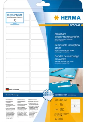 Immagine prodotto di Herma HERMA Strisce di iscrizione rimovibili A4 63,5x16,9 mm bianco Carta mobile/rimovibile opaca 1200 pz.