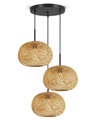 A three-light pendant lamp with woven bamboo shades hangs from a black ceiling mount.