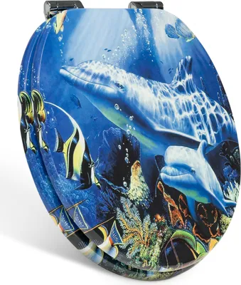 A toilet seat with a marine life design featuring dolphins and fish.