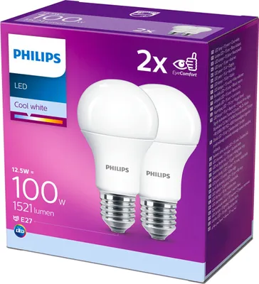 Zdjęcie produktu dla Philips Żarówka bańkowa 100 W A60 E27 x2, 12,5 W, 100 W, E27, 1521 lm, 15000 h, Zimne białe