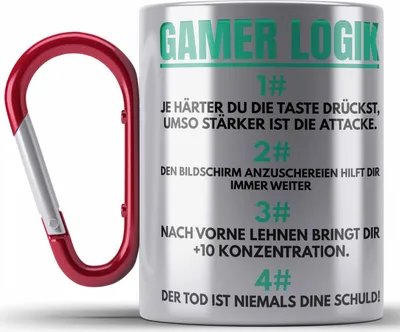 Produktbild von Trendation - Gamer Logik Edelstahl Tasse Karabiner Geschenk für Jungs Jungen Geschenkidee zum Geburtstag Lustiger Spruch (Rot)